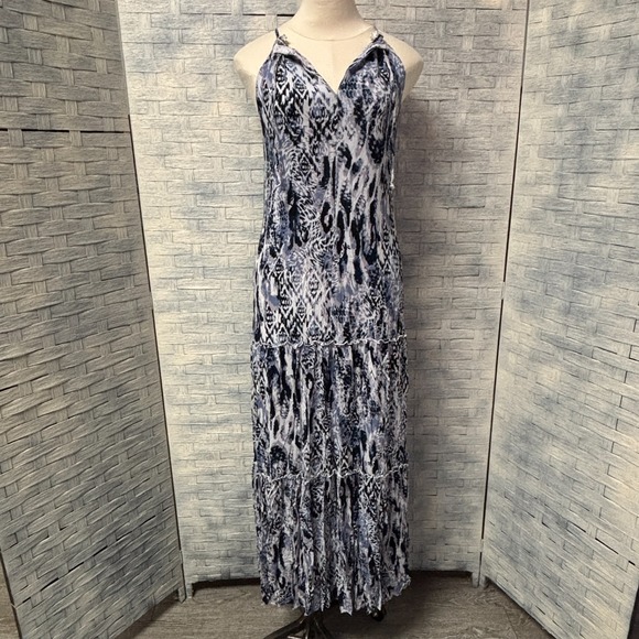 Roan + Ryan Womens S Maxi Dress Blue White Animal Print Tiered Spaghetti Strap - Picture 3 of 7